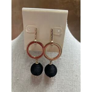 NWT Gold Drop Hoop‎ Earrings w/ Black String Wrapped Dangle Balls